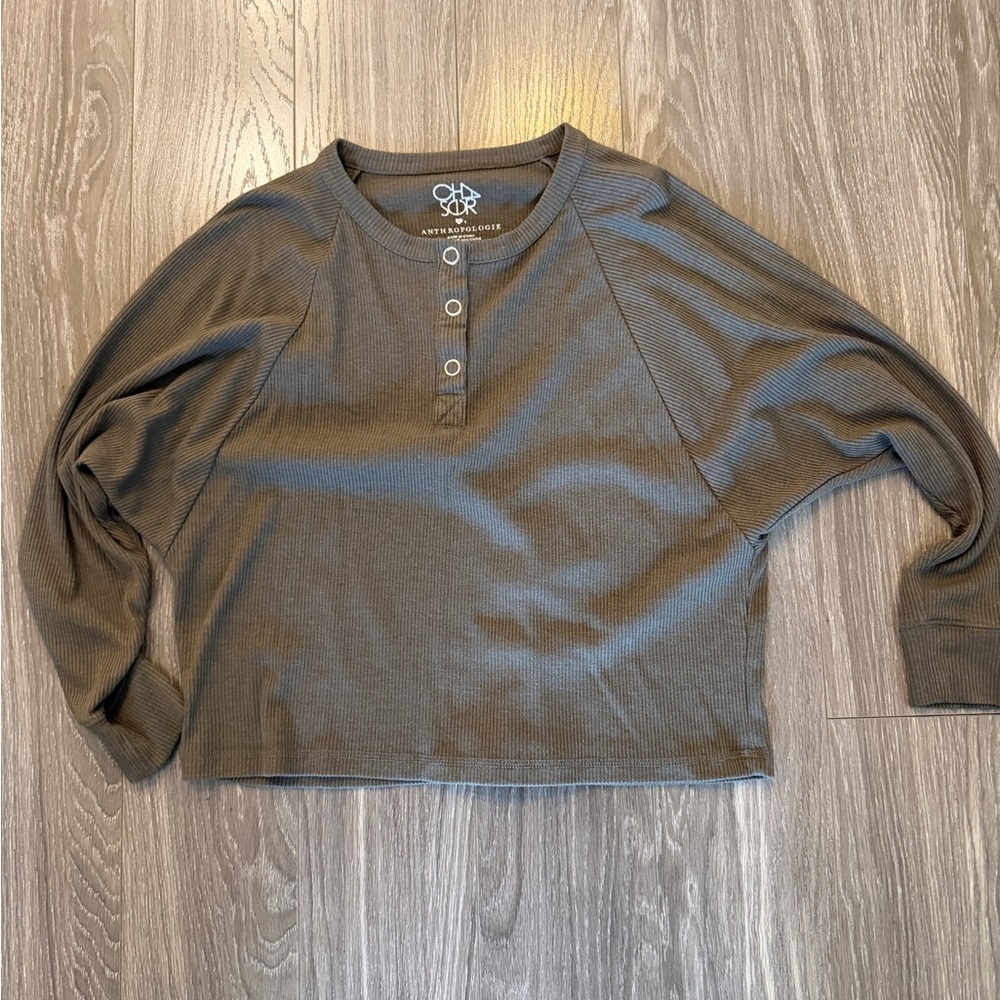 Anthropologie Ribbed Henley Crop Top in Olive